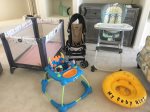 Crib, high chair and children`s toys are available